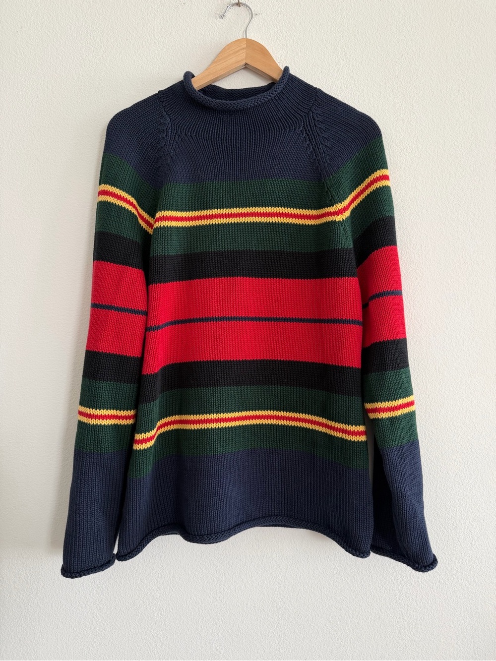 J.Crew 1988 Rollneck Sweater in Cotton Rugby Stripe Navy Multi, Size Small